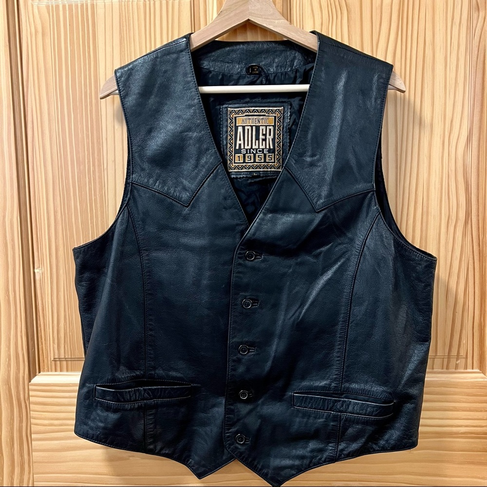 Authentic Adler black biker motorcycle lined genuine leather vest L large